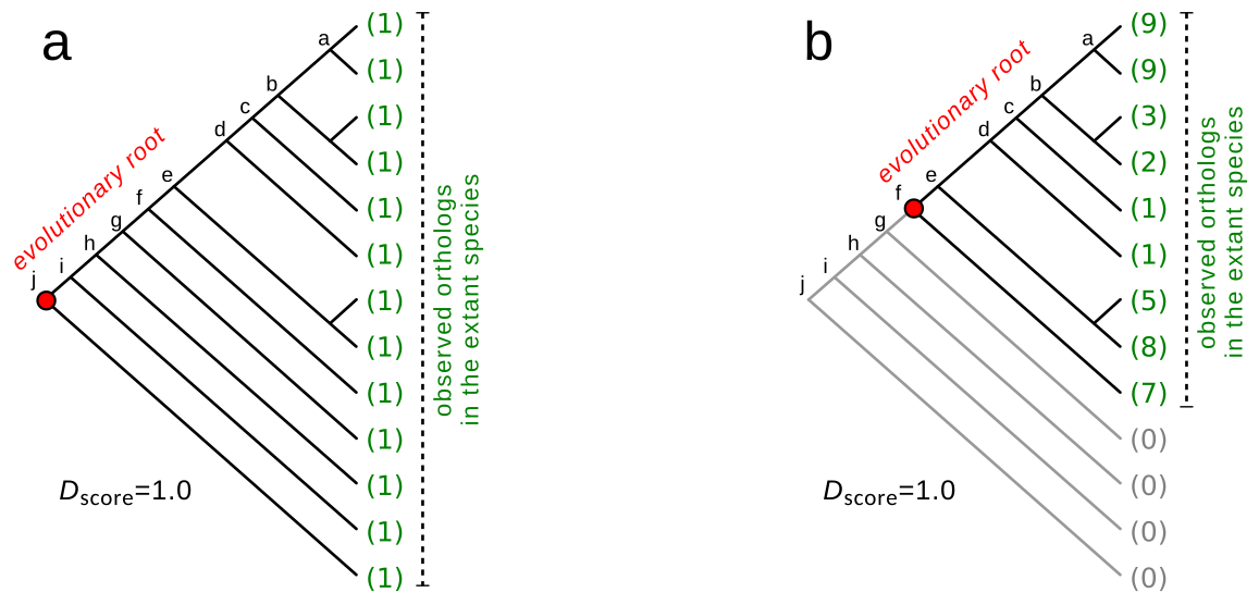 From the geneplast vignette, we show the evolutionary rooting scenarios . Red circles indicate the evolutionary roots that best explain the observed orthologs in the species tree.