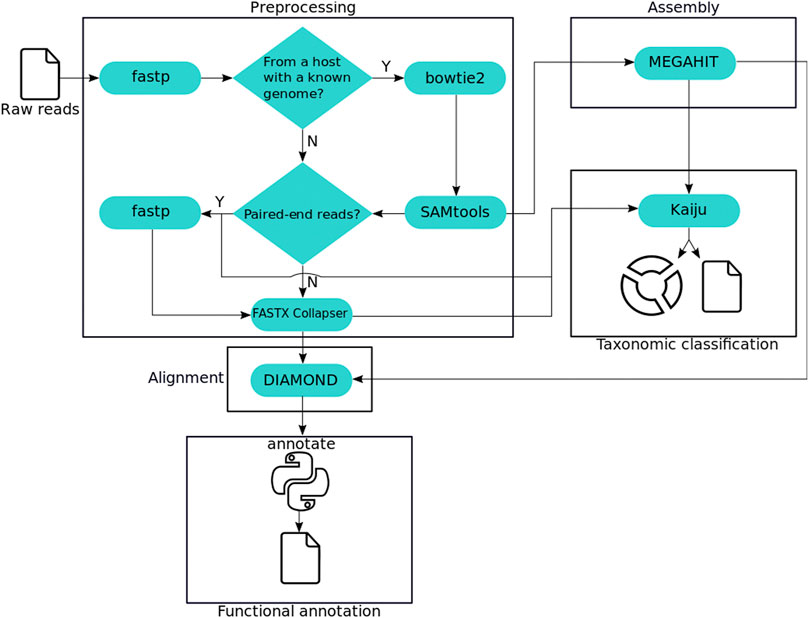 From Morais et al, 2022. The MEDUSA analysis workflow. Squares highlight the protocol steps, and third-party tools are depicted as cyan capsules. The python icon represents the tool implemented for the functional annotation.